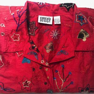 Chico's 2 Design Women's (L/12) Red Silk Gold Floral Embroidered Blouse Top L/S